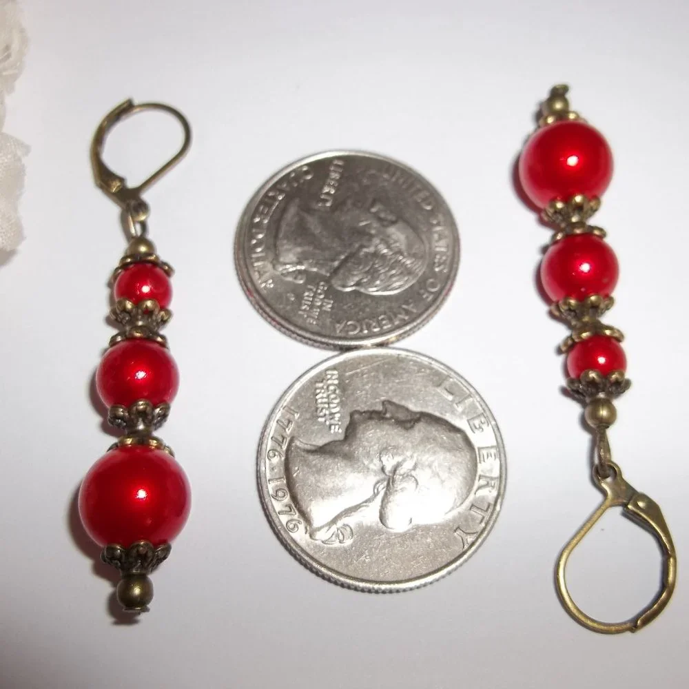 Pearl Earrings, Red and Bronze, Dangle and Drop, Fashion Jewelry Accessory 7394 - Picture 3 of 8